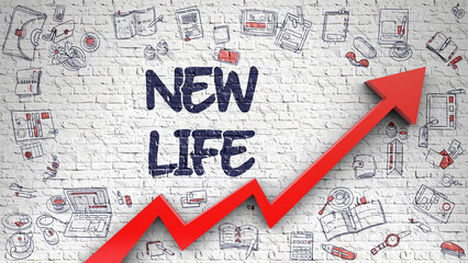 New Life Inscription on the Modern Line Style Illustation. with Red Arrow and Doodle Design Icons Around. New Life Drawn on White Wall. Illustration with Doodle Design Icons. 3d.