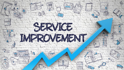 Service Improvement - Modern Line Style Illustration with Hand Drawn Elements. Service Improvement - Enhancement Concept. Inscription on White Wall with Doodle Design Icons Around. 3d.