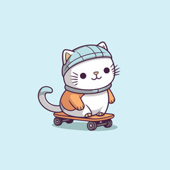 cute cat playing skateboard summer sport vector illustration