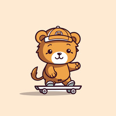 cute lion playing skateboard summer sport vector illustration