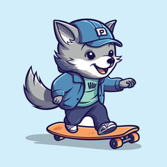 cute wolf playing skateboard summer sport vector illustration