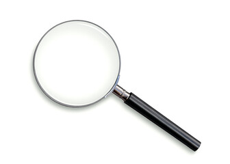 Magnifying glass in a metal frame with black plastic handle on white background