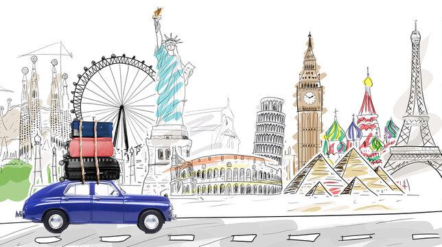 Around the world. Blue retro toy car with travel cases driving by famous monuments.