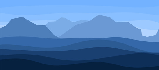 Vector landscape with Mountains, hills and blue sky. Dark blue beautiful natural scene. Minimal vector illustration for banner, poster, advertising and background.