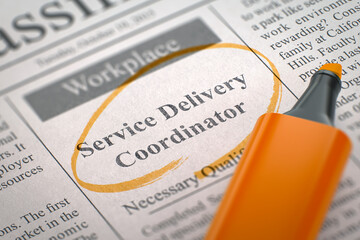 Newspaper with Small Ads of Job Search Service Delivery Coordinator. Blurred Image with Selective...