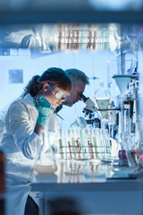 Health care researchers working in life science laboratory. Young female research scientist and senior male supervisor preparing and analyzing microscope slides in research lab. - obrazy, fototapety, plakaty