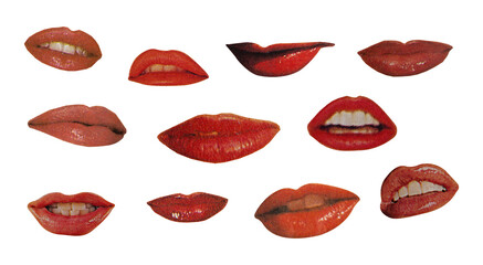 Cutout vintage magazine women's mouths, collection of different designs from vintage 90's magazine, png isolated on transparent background