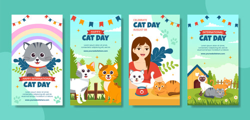 Fototapeta premium Cat Day Social Media Stories Flat Cartoon Hand Drawn Templates Background Illustration