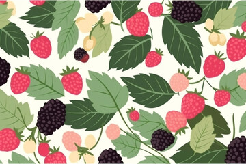 Raspberry and leaves pattern, in the style of anime aesthetic, clean and simple designs. Generative ai