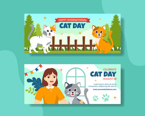 Cat Day Horizontal Banner Flat Cartoon Hand Drawn Templates Background Illustration