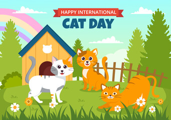 Cat Day Social Media Background Flat Cartoon Hand Drawn Templates Illustration