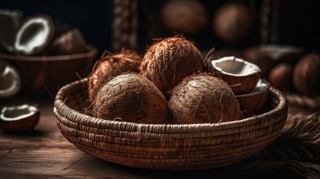 Coconuts fruits in a bamboo basket with blurred background