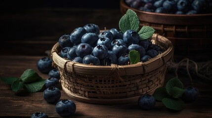 a bunch of fresh blue blueberry in a basket with blur background and good view