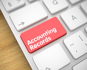 Fototapeta premium Modern Keyboard Key Showing the Text Accounting Records. Message on Keyboard Red Key. Accounting Records Button on the Modern Computer Keyboard. 3D Illustration.