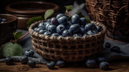 a bunch of fresh blue blueberry in a basket with blur background and good view
