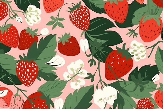 Strawberry and leaves pattern, in the style of anime aesthetic, clean and simple designs. Generative ai