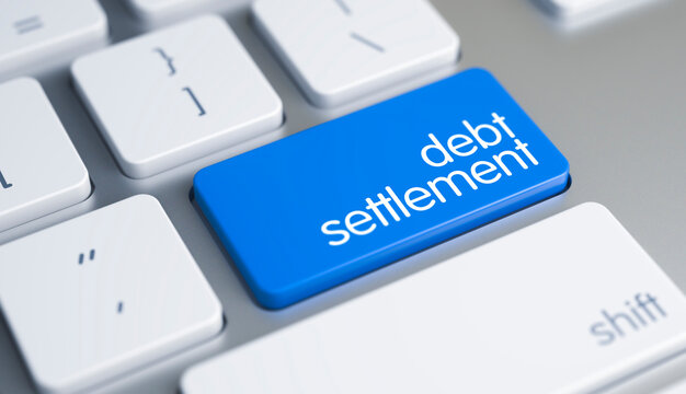 Close-Up Blue Keyboard Key - Debt Settlement. Modern Laptop Keyboard Button Showing the Inscription Debt Settlement. Message on Blue Keyboard Button. 3D Render.