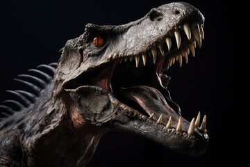 A t rex head with sharp teeth and a big jaw on black background
