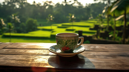 A cup of coffee on the table outdoor with rice paddies bavkground