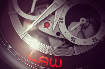 Fashion Wristwatch Machinery Macro Detail with Inscription Law. Law on the Automatic Wristwatch, Chronograph Up Close. Business and Work Concept with Glowing Light Effect. 3D Rendering.
