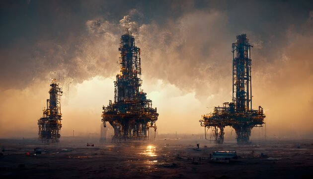 massive oil rig in a distant dystopian future 8K octane render unreal 5 engine 