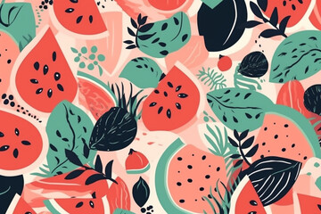 watermelon and leaves pattern, in the style of anime aesthetic, clean and simple designs. Generative ai