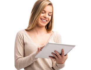 Beautiful and happy girl working with a tablet, isolated over white background