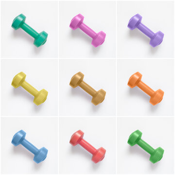 Collage Of Colorful Dumbbells On White Paper Background