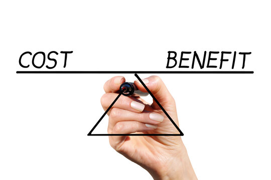 The balance of costs and benefits drawn by hand with marker on white background