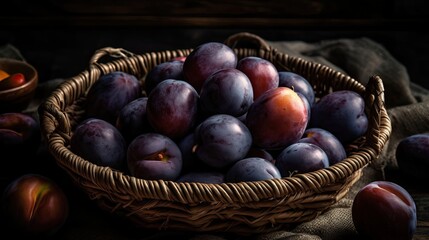 Obraz premium Closeup Fresh Plum Fruits in a bamboo basket with blur background