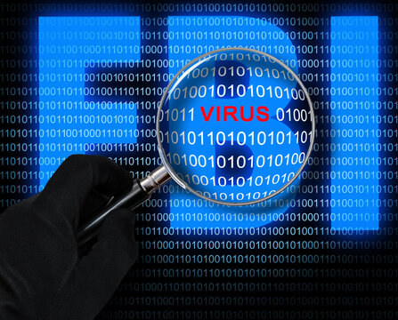 The virus in the magnifying glass on the background of the computer code and logo of FBI