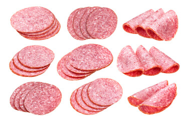 Salami sausage slices ham isolated on white background, with clipping path, cutout