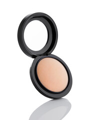 Fototapeta na wymiar Cosmetic Makeup Powder in Black Round Plastic Case with Mirror on White Background with reflection