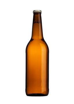 Brown glass beer bottle with yellow cap isolated on white