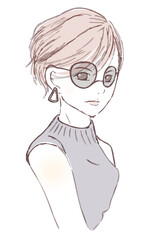 ボトルネックのノースリーブのサマーニットを着て　サングラスをかけた　上半身の若い女性　ニュアンスカラー