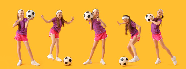 Sporty little girl with soccer ball showing thumb-up on yellow background