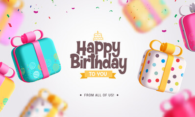 Happy birthday vector design. Happy birthday greeting text with colorful gift box for surprise elements decoration. Vector illustration invitation card background.