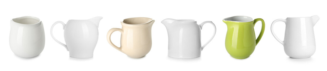 Collage of milk jugs on white background