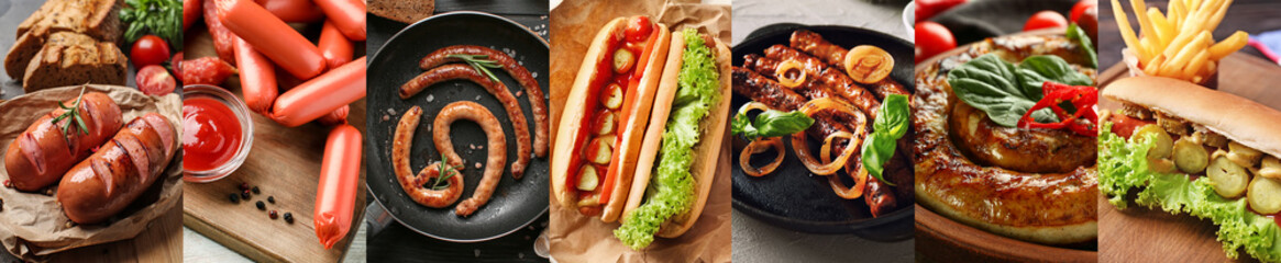 Set of tasty sausages on table, closeup