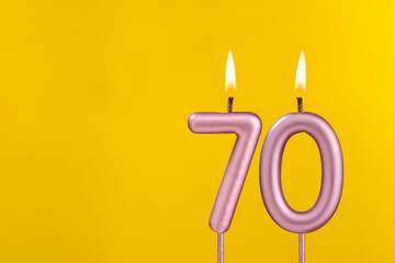 Birthday candle number 70 - Birthday celebration on yellow background