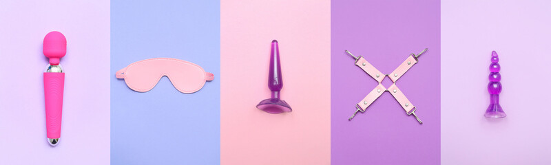 Set of toys from sex shop on color background