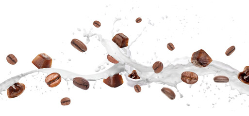 Coffee ice cubes, beans and splash of milk on white background