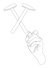 One continuous line of Hammer drawn by with felt tip pen. Thin Line Illustration vector Construction Industry concept. Contour Drawing Creative ideas.