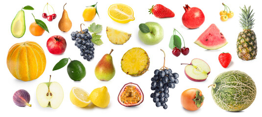 Group of juicy fruits and berries on white background