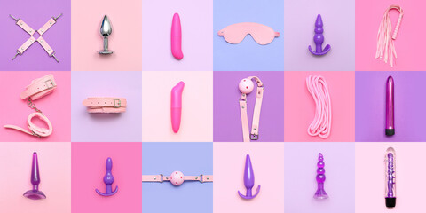 Collage of toys from sex shop on color background