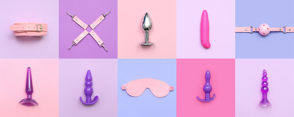 Set of toys from sex shop on color background