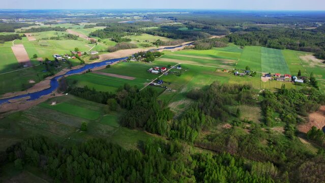Long, wild river, Hańcza, aerial view