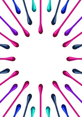 Nail polish liquid drops splash paint background on white. In motion circle