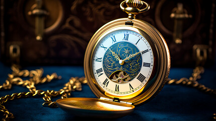 A gleaming golden pocket watch with the hands pointing at midnight.