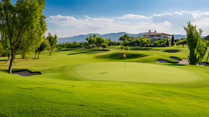 A picturesque golf course with perfectly manicured fairways surrounded by lush greenery .